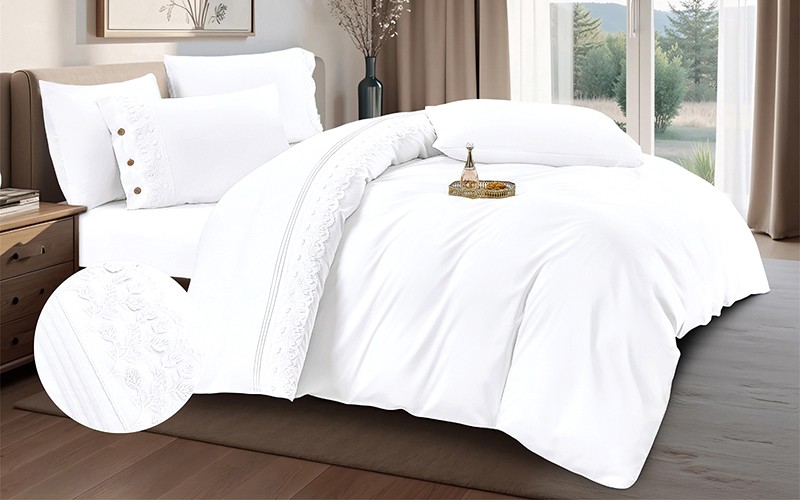Jasmine Cotton Embroidered Lace Duvet Cover Set Without Filling 6 PCS - King White 