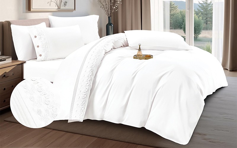 Jasmine Cotton Embroidered Lace Duvet Cover Set Without Filling 6 PCS - King Off White 