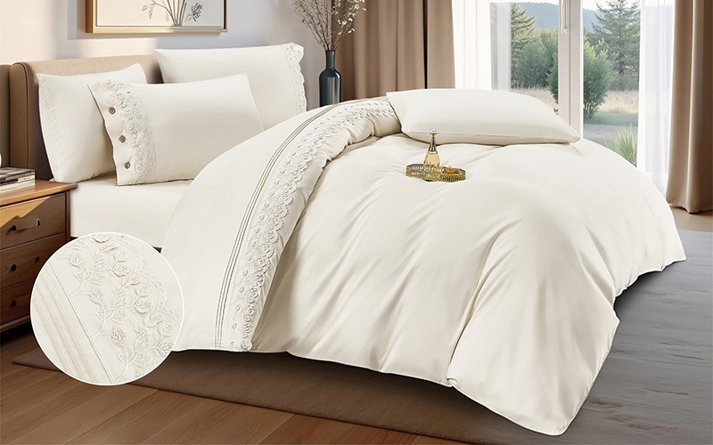 Jasmine Cotton Embroidered Lace Duvet Cover Set Without Filling 6 PCS - King Beige 