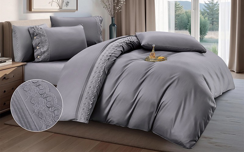 Jasmine Cotton Embroidered Lace Duvet Cover Set Without Filling 6 PCS - King Grey 