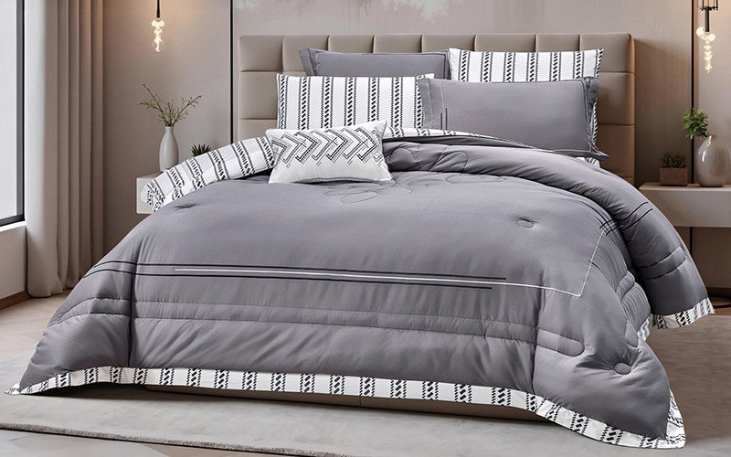 Lamis Cotton Embroidered Comforter Bedding Set 7 PCS - King Grey