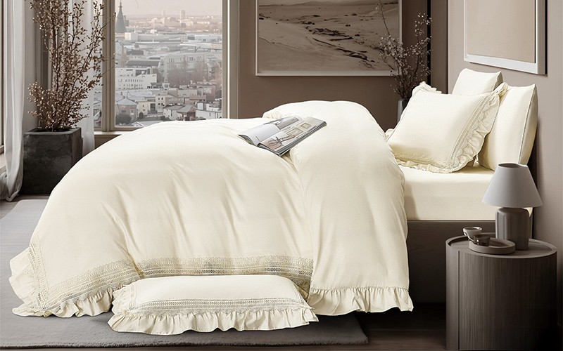 Hala Cotton Lace Duvet Cover Set Without Filling 6 PCS - King Cream