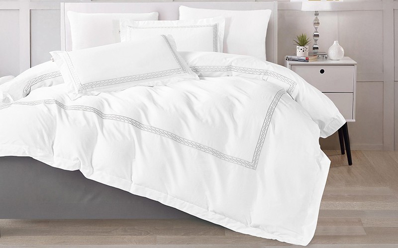 Oly Cotton Embroidered Duvet Cover Set Without Filling 6 PCS - King White & L.Grey