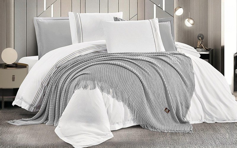 Lorin Cotton Embroidered Duvet Cover With Blanket Without Filling 7 PCS - King White & L.Grey