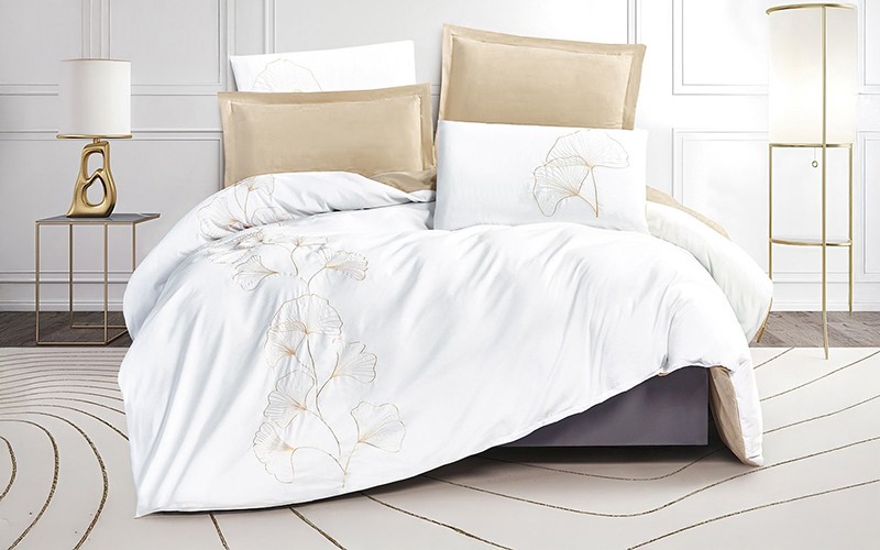 Leaf Embroidered Duvet Cover Set Without Filling 6 PCS - King White & Beige