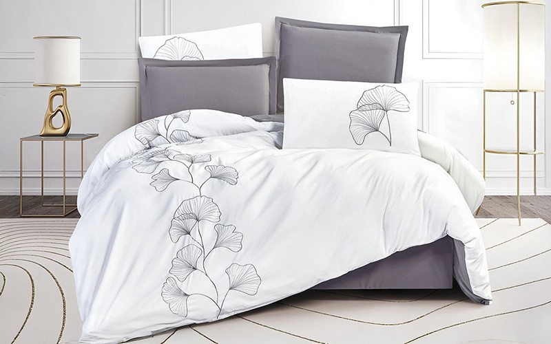 Leaf Embroidered Duvet Cover Set Without Filling 6 PCS - King White & D.Grey