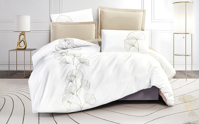 Leaf Embroidered Duvet Cover Set Without Filling 6 PCS - King White & D.Beige