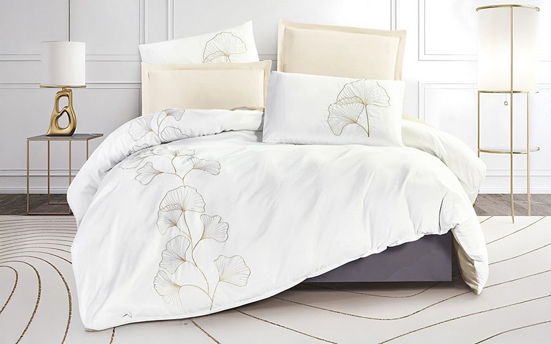 Leaf Embroidered Duvet Cover Set Without Filling 6 PCS - King White & L.Beige