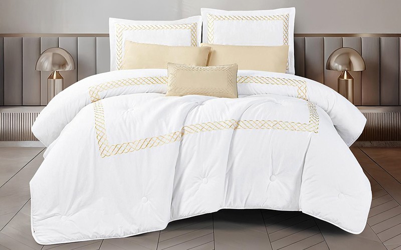 Loya Cotton Embroidered Comforter Bedding Set 7 PCS - King White & L.Beige