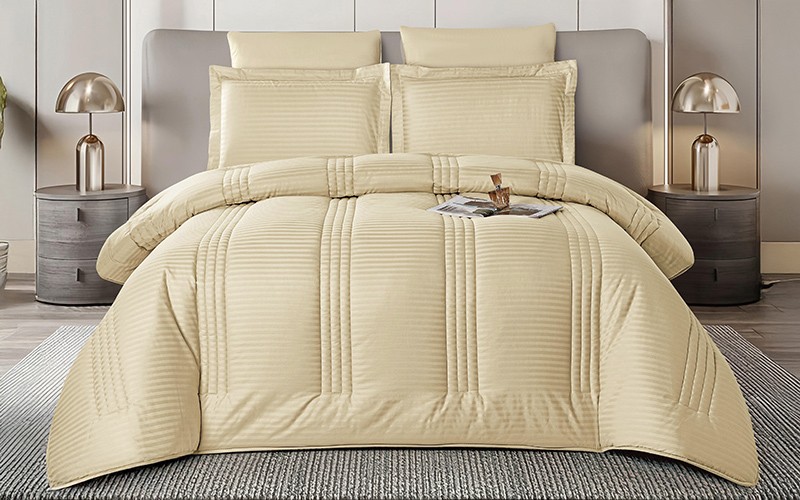 Flam Cotton Stripe Comforter Bedding Set 6 PCS - King D.Beige
