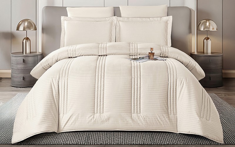 Flam Cotton Stripe Comforter Bedding Set 6 PCS - King L.Beige