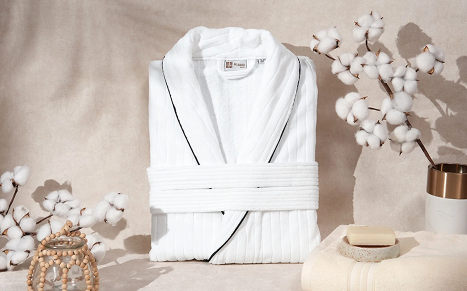 Al Saad Home Stripe Velour Cotton Bathrobe 1 PC - White