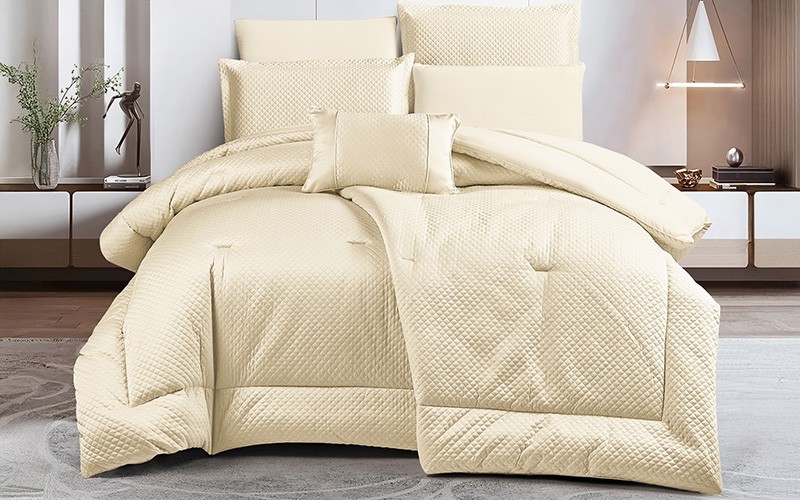 Diamond Cotton Comforter Bedding Set 6 PCS - Queen Beige