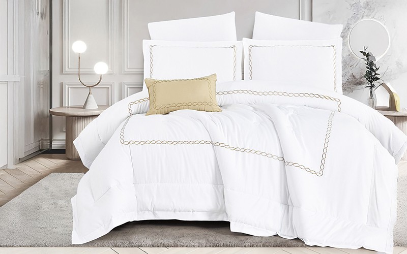 Doza Cotton Embroidered Comforter Bedding Set 7 PCS - King White & D.Beige