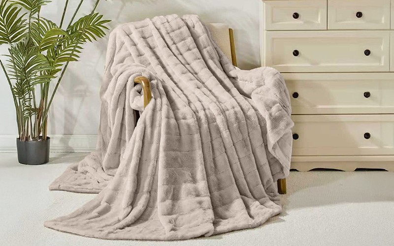 Al Saad Home Stripe Rabbit Fur Blanket - Single Beige
