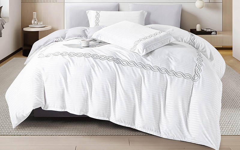 Lenon Stripe Embroidered Duvet Cover Set Without Filling 6 PCS - King White & L.Grey