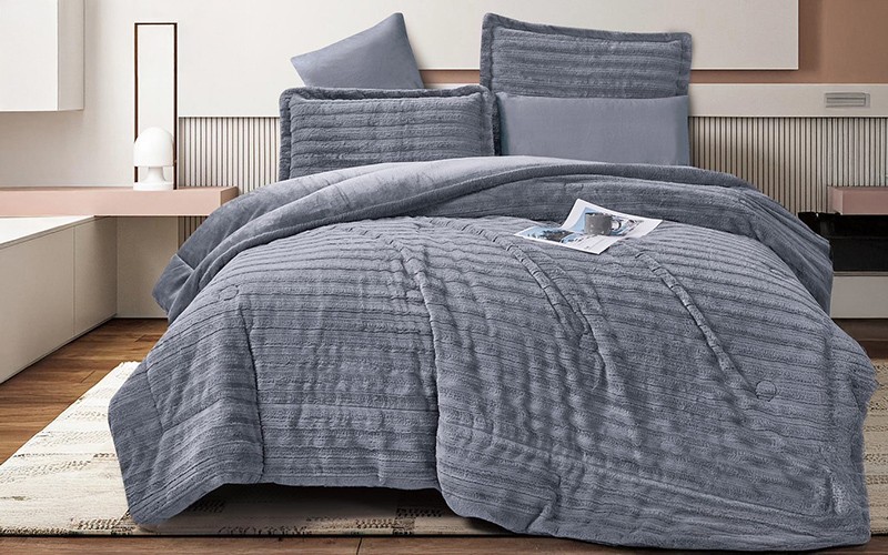 Deli Flannel Stripe Comforter Bedding Set 6 PCS - King Grey