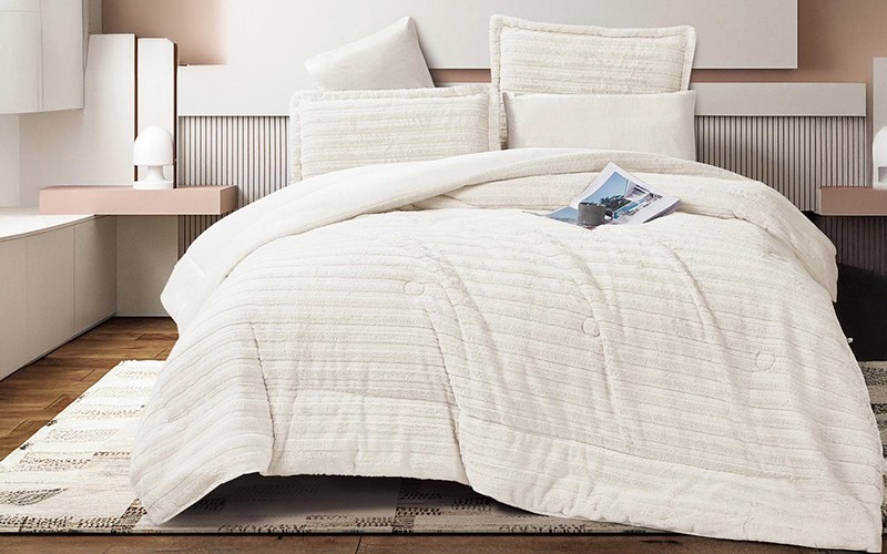 Deli Flannel Stripe Comforter Bedding Set 4 PCS - Single Cream