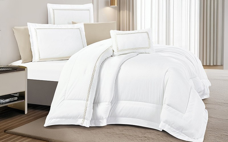 Siba Cotton Embroidered Comforter Bedding Set 7 PCS - King White & D.Beige