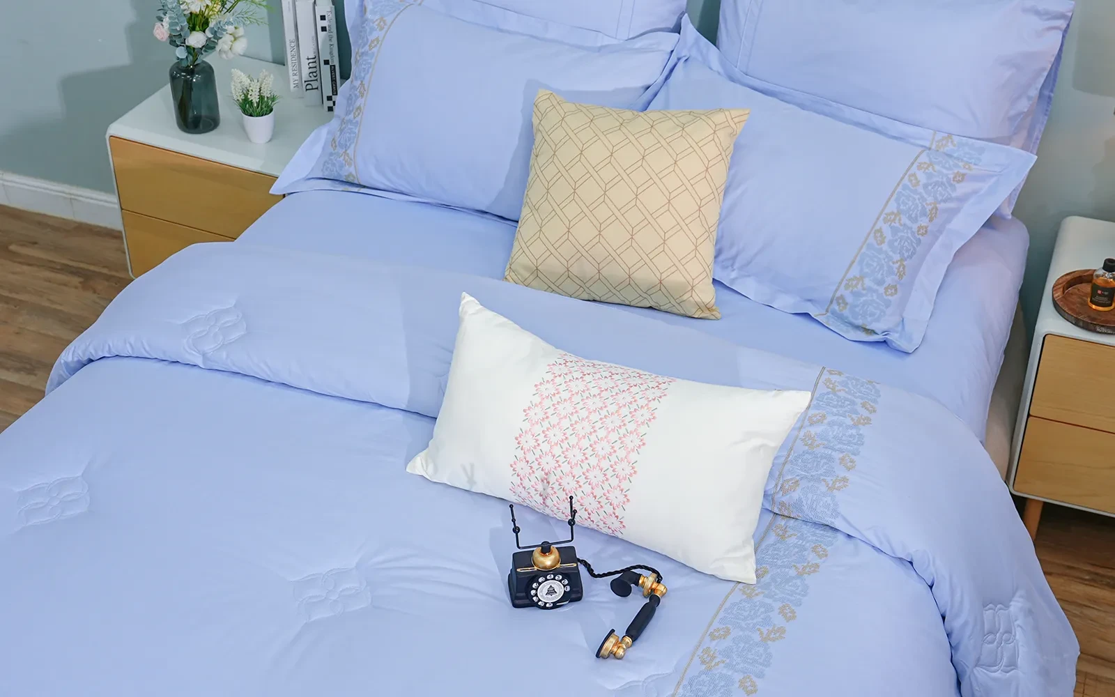 Crown Cotton Embroidered Comforter Bedding Set 8 PCS - King Blue