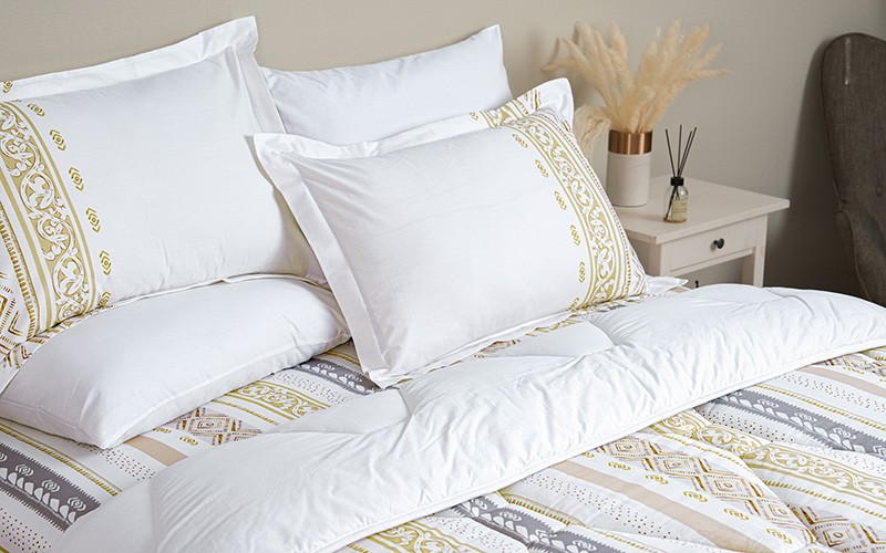 Stella Double Face Cotton Printed Comforter Bedding Set 6 PCS - Queen White & Beige