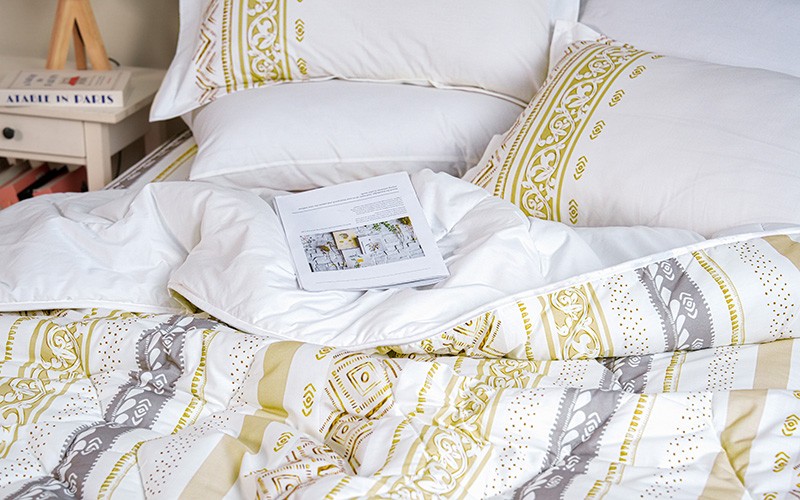 Stella Double Face Cotton Printed Comforter Bedding Set 6 PCS - Queen White & Beige