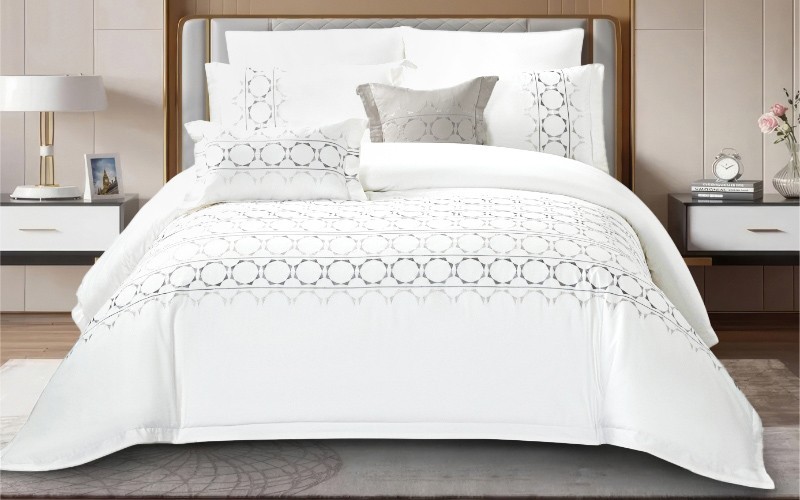 Regency Cotton Embroidered Duvet Cover Bedding Set With Filling 9 PCS - King Off White & Grey