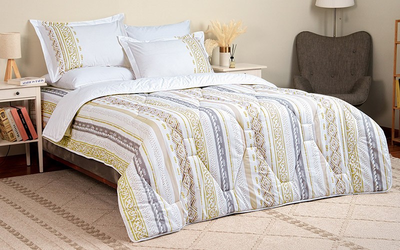 Stella Double Face Cotton Printed Comforter Bedding Set 7 PCS - King White & Beige