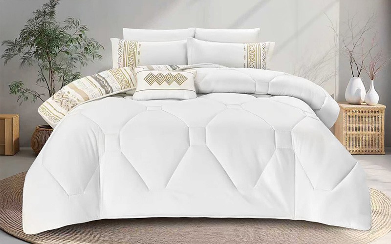 Stella Double Face Cotton Printed Comforter Bedding Set 7 PCS - King White & Beige