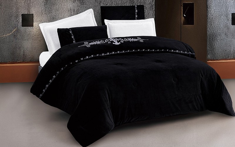  Euro Flannel Embroidered Comforter Bedding Set 6 PCS - King Black