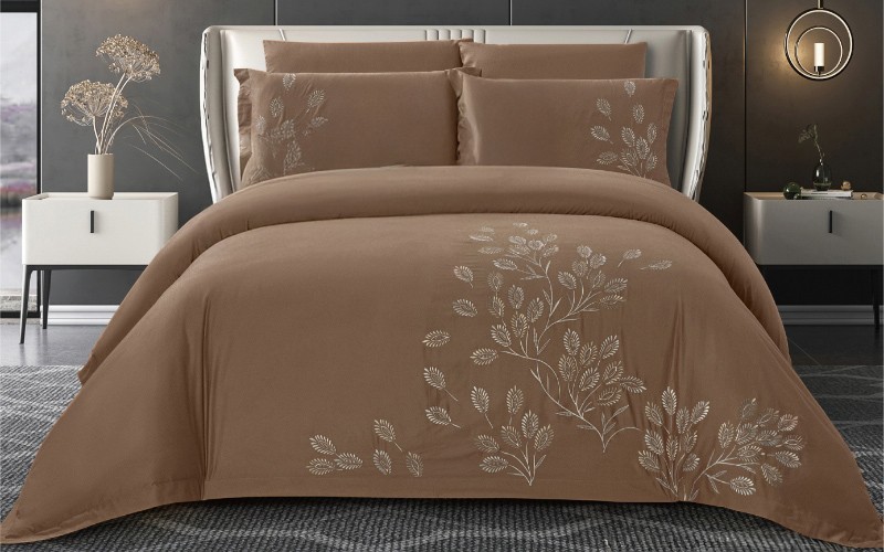 Estocolmo Cotton Embroidered Duvet Cover Set Without Filling 6 PCS - King Brown