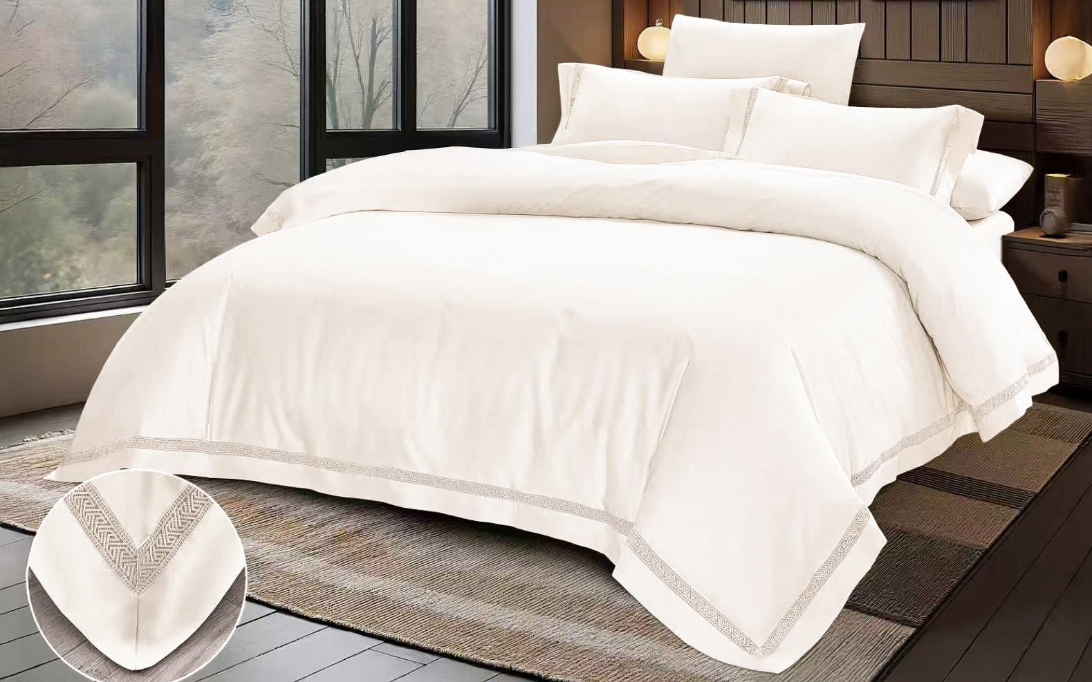 New Salma Cotton Lace Duvet Cover Set Without Filling 6 PCS - King Cream 
