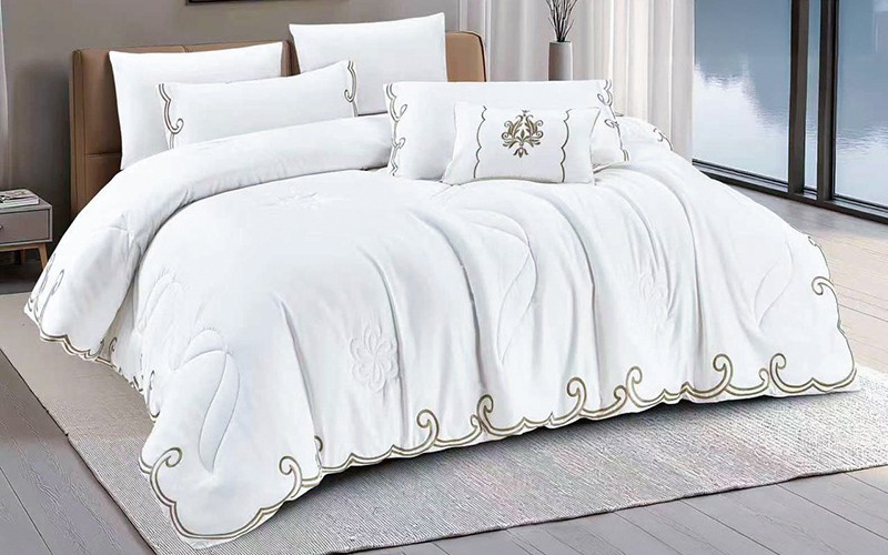 Rania Cotton Embroidered Comforter Bedding Set 7 PCS - King Off White & Beige