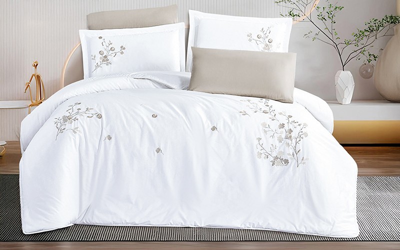 Etsy Cotton 3D Embroidered Duvet Cover Set Without Filling 6 PCS - King White & D.Beige