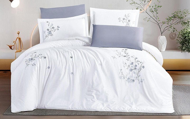 Etsy Cotton 3D Embroidered Duvet Cover Set Without Filling 6 PCS - King White & Grey