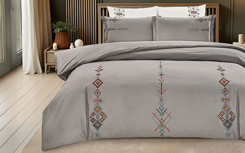 Zahiya Cotton Embroidered Duvet Cover Set Without Filling 6 PCS - King Grey