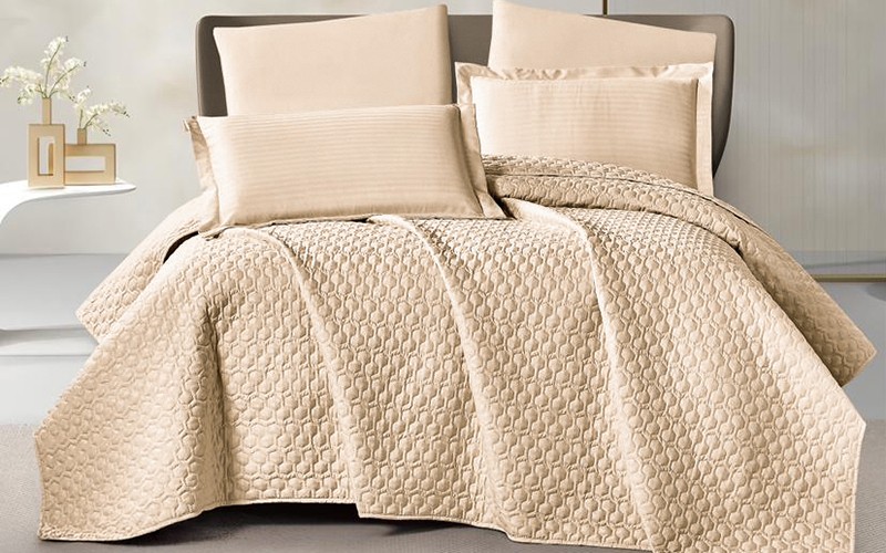 New Relax Hotel Stripe BedSpread Bedding Set 6 PCS - King Beige