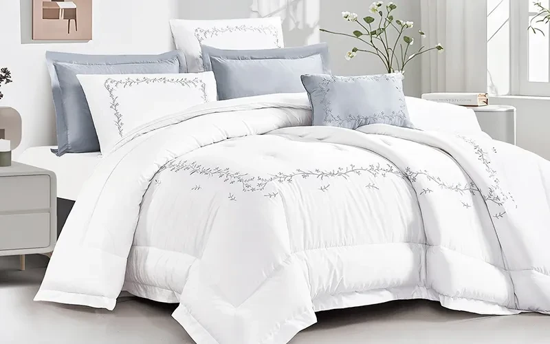 Lira Cotton Embroidered Comforter Bedding Set 7 PCS - King White & Silver