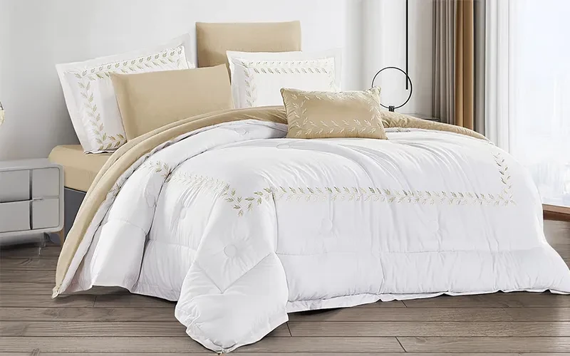 Aion Cotton Embroidered Comforter Bedding Set 7 PCS - King White & D.Beige