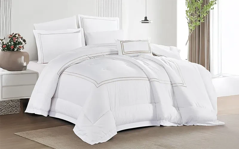 Flex Cotton Embroidered Comforter Bedding Set 7 PCS - King White & D.Beige