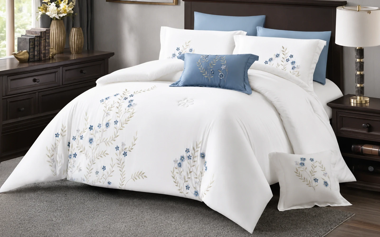 Rosalie Cotton Embroidered Comforter Bedding Set 8 PCS - King White & Blue