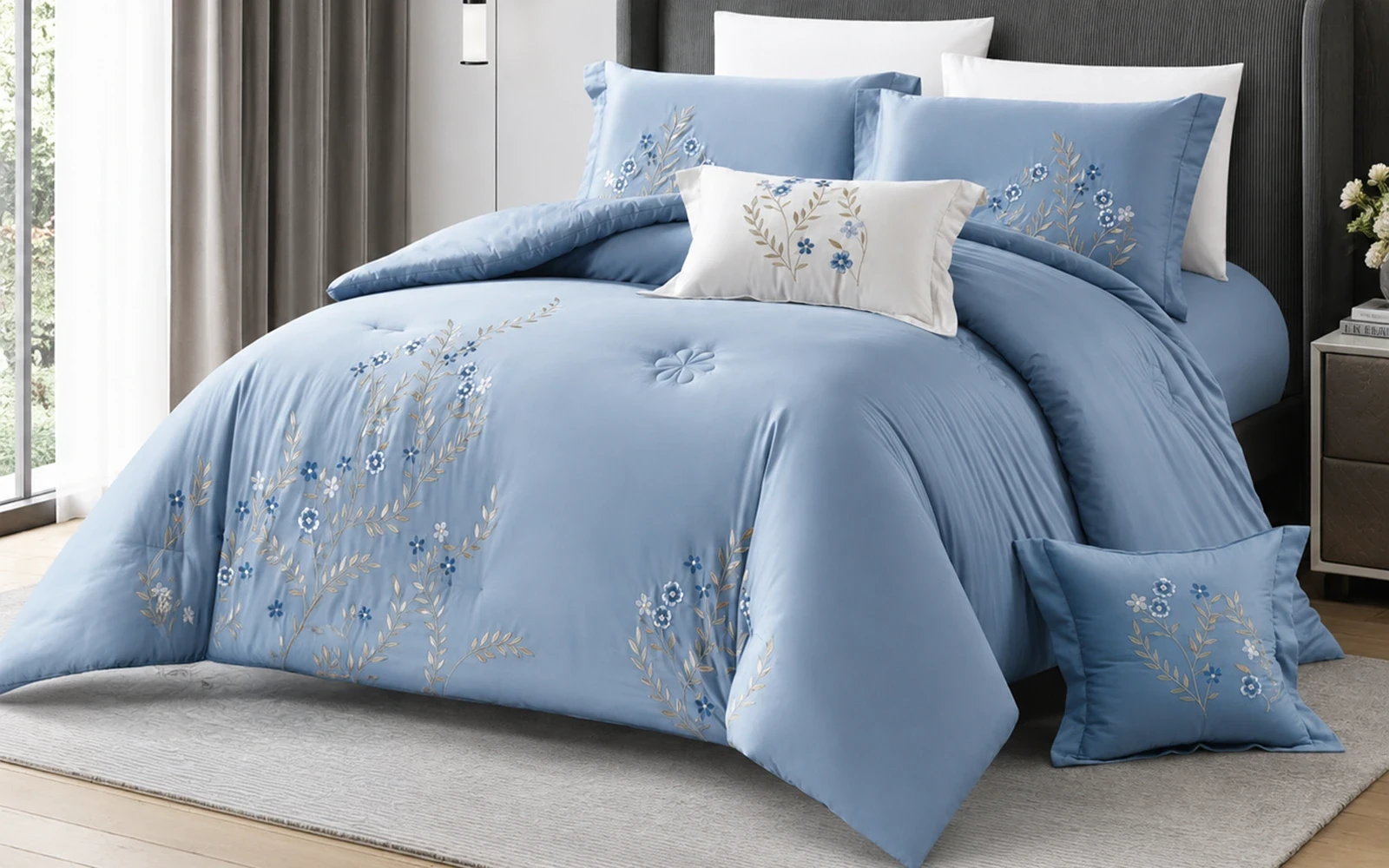 Rosalie Cotton Embroidered Comforter Bedding Set 8 PCS - King Blue & White