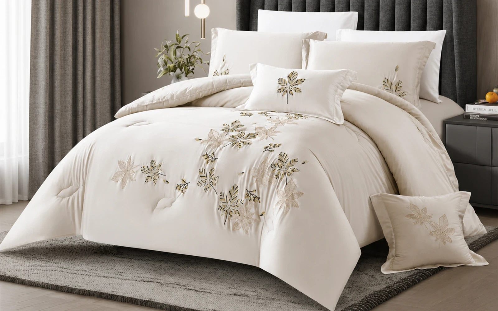 Rosalie Cotton Embroidered Comforter Bedding Set 8 PCS - King L.Grey & White