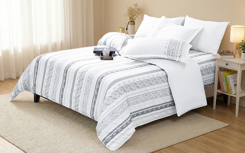 Stella Double Face Cotton Printed Duvet Cover Bedding Set Without Filling 6 PCS - King White & Grey