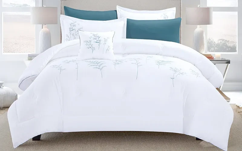 Florida Cotton Embroidered Comforter Bedding Set 7 PCS - King White & Turquoise