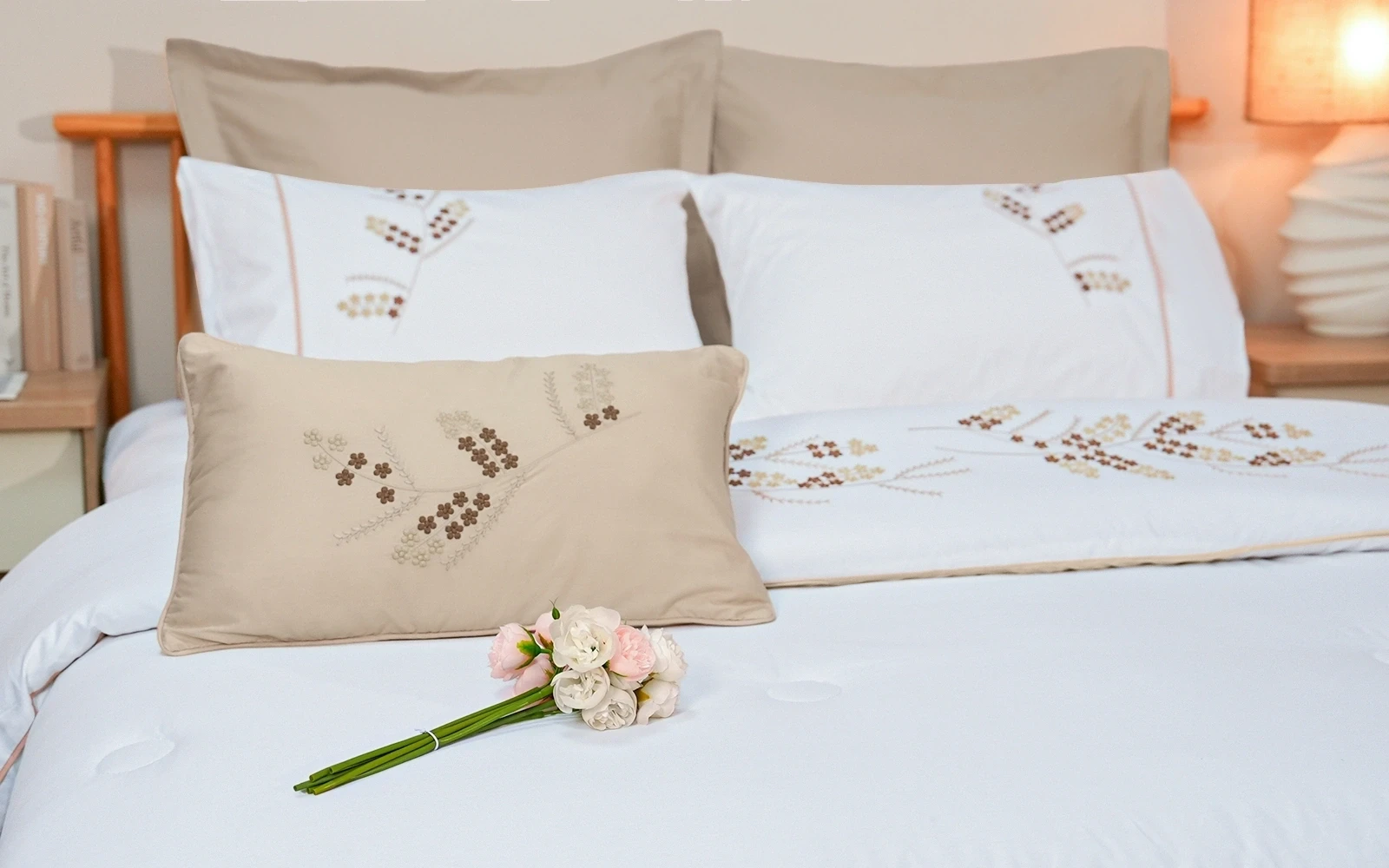 Kara Cotton Embroidered Comforter Bedding Set 7 PCS - King White & D.Beige