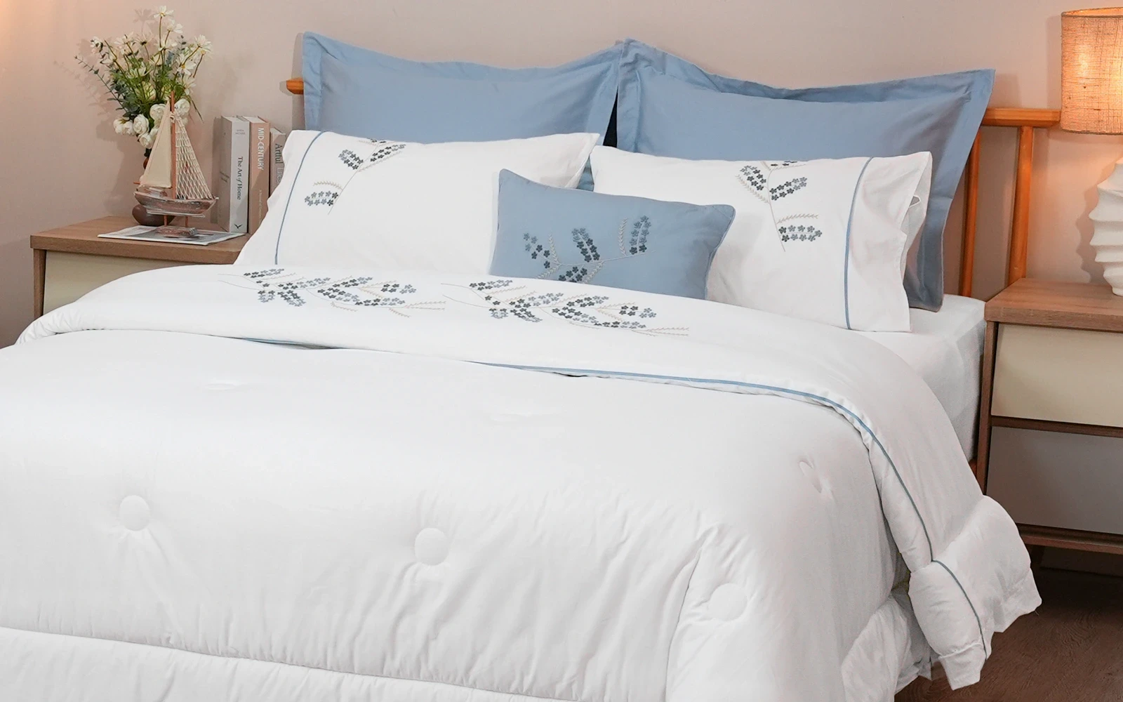 Kara Cotton Embroidered Comforter Bedding Set 7 PCS - King White & L.Blue