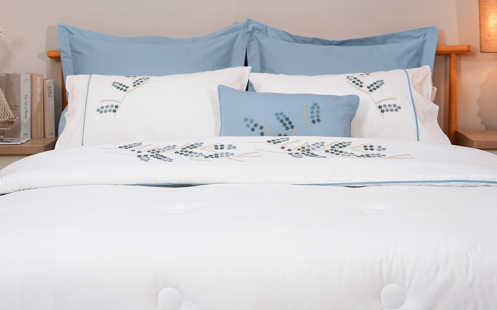 Kara Cotton Embroidered Comforter Bedding Set 7 PCS - King White & L.Blue