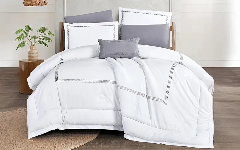 Rama Cotton Embroidered Comforter Bedding Set 7 PCS - King White & Grey