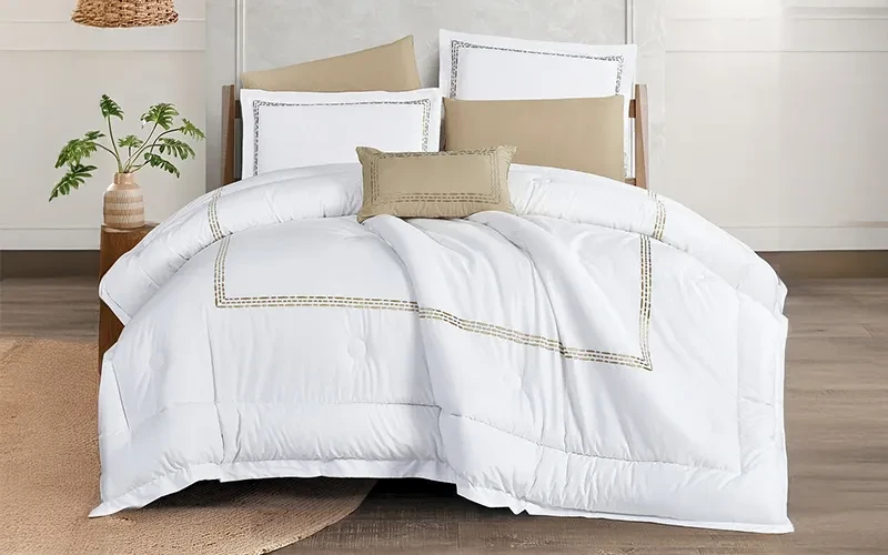 Rama Cotton Embroidered Comforter Bedding Set 7 PCS - King White & D.Beige